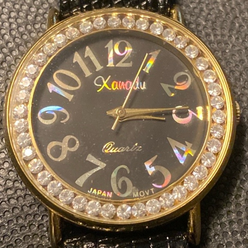 Vintage Xanadu gold with rhinestone & genuine black leather watchband - used